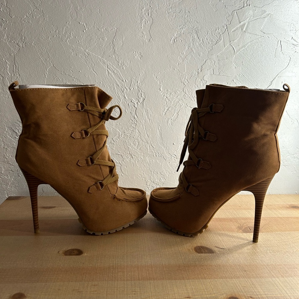 Brown Lace-Up High Heel Ankle Boots